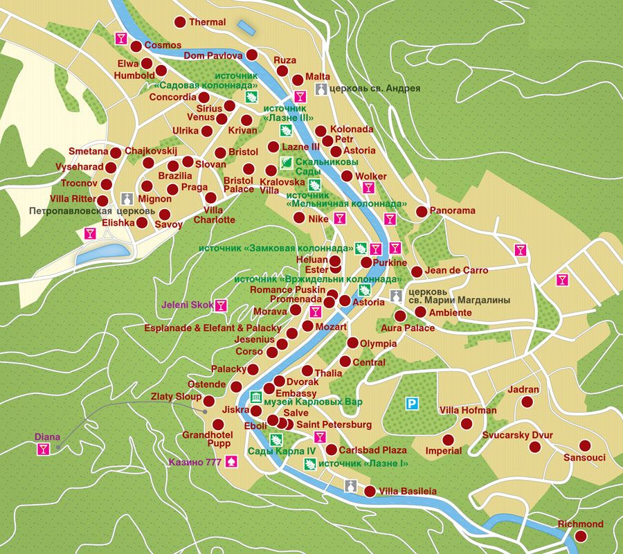 Карта Карловых Вар с отелями